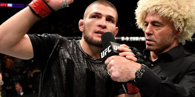 NEW YORK, NY - NOVEMBER 12: Khabib Nurmagomedov of Russia is awarded victory by KO over Michael Johnson of the United States in their lightweight bout during the UFC 205 event at Madison Square Garden on November 12, 2016 in New York City. (Photo by Jeff Bottari/Zuffa LLC/Zuffa LLC via Getty Images)