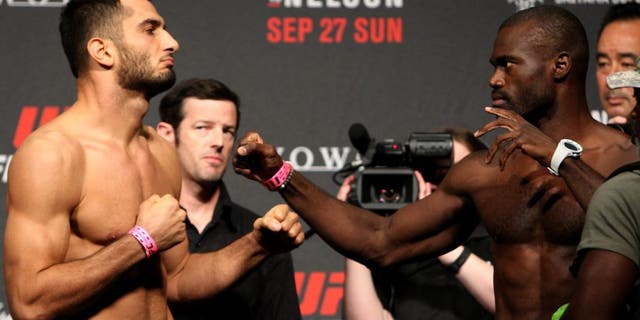 SAITAMA, JAPAN - SEPTEMBER 25: (L and R) Gegard Mousasi and Uriah Hall during the UFC weigh-in at the Saitama Super Arena on September 25, 2015 in Saitama, Japan. (Photo by Mitch Viquez/Zuffa LLC/Zuffa LLC via Getty Images)