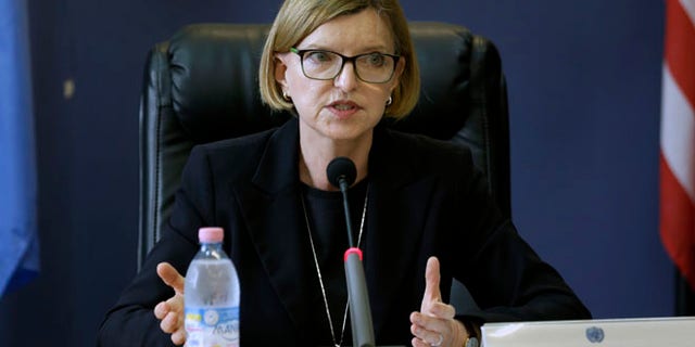 Oct. 1, 2014: Karin Landgren, Special Representative of the Secretary-General (SRSG) to the United Nations Mission in Liberia (UNMIL), addresses a news conference in Monrovia, Liberia