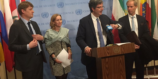 U.N. envoys from the U.S., U.K., France and Sweden announcing an informal Security Council meeting on the human rights crisis in Syria. U.S. diplomat Kelley Currie is second from left.