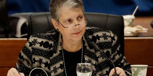 FILE - In this Wednesday, Jan. 25, 2017 file photo, University of California President Janet Napolitano attends a University of California Board of Regents meeting, in San Francisco.