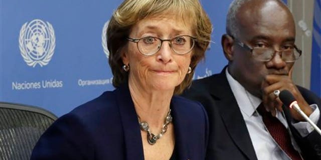 Judge Marie Deschamps, left, of Canada, chair of the Independent Review Panel on U.N. Response to Allegations of Sexual Abuse by Foreign Military Forces in the Central African Republic, is joined by panel member Hassan Jallow at a news conference at the United Nations on Dec. 17, 2015. (AP Photo)