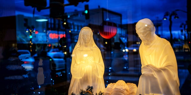 A Nativity scene is displayed in Wadena, Minnesota, Dec. 10, 2015. (Glen Stubbe/Star Tribune via AP)