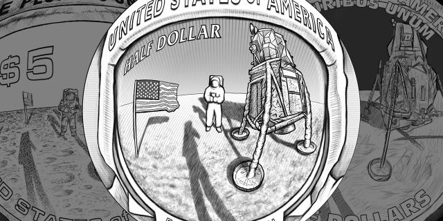 The U.S. Mint has revealed its three designs for the reverse or tails side of its 2019 curved coins commemorating the 50th anniversary of the Apollo 11 moon landing. The central design above (R-03) is preferred by NASA and the Commission of Fine Arts.