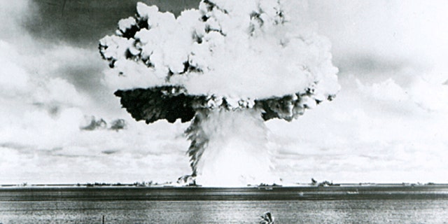 This U.S. Navy handout image shows Baker, the second of the two atomic bomb tests, in which a 63-kiloton warhead was exploded 90 feet under water as part of Operation Crossroads, conducted at Bikini Atoll in July 1946.