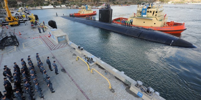 The Los Angeles-class fast-attack submarine USS Alexandria (SSN 757) arrives pierside in its new homeport of San Diego.