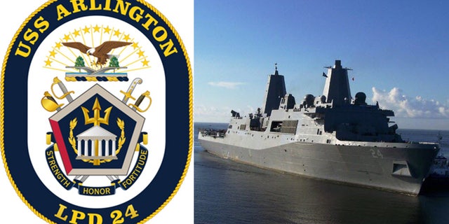 The USS Arlington's seal and the ship at sea.
