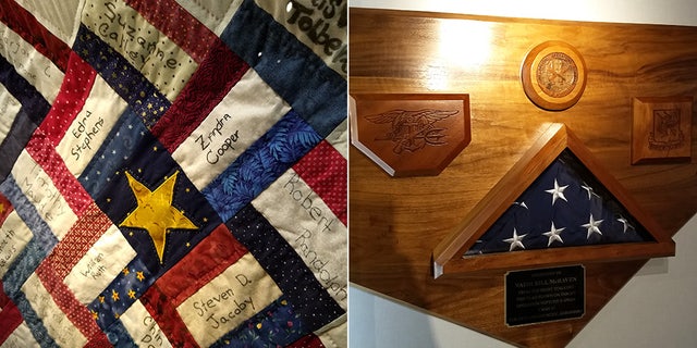 Two of the items in the USS Arlington's 9/11 tribute room. On the left is a quilt honoring the 184 who lost their lives on 9/11 at the Pentagon. On the right is the American flag flown over Usama bin Laden's compound in Pakistan after he was hunted down and killed by U.S. forces. The plaque that the flag is placed in is shaped like the perimeter of the former Al Qaeda leader's hideout.