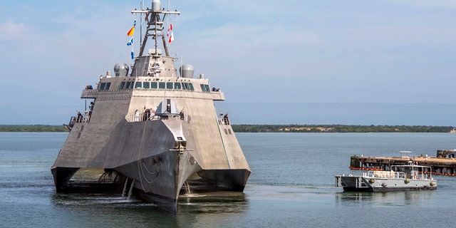 The USS Omaha, a 218-foot-long littoral combat ship, pier side during a brief fuel stop in Guantanamo Bay, Cuba on Jan. 3, 2018.