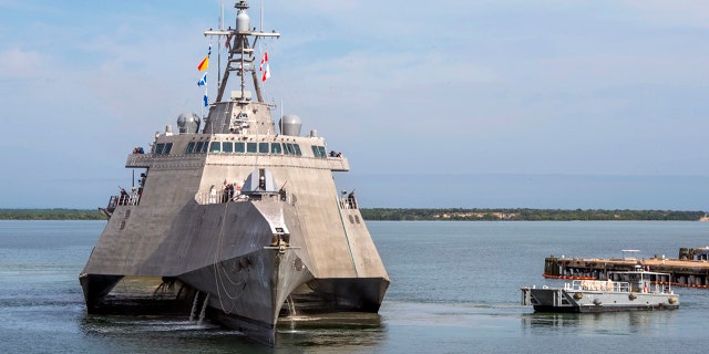 The USS Omaha, a 218-foot-long littoral combat ship, pier side during a brief fuel stop in Guantanamo Bay, Cuba on Jan. 3, 2018.