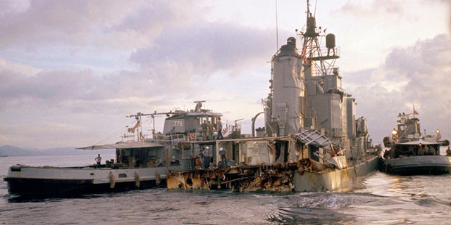 Sailors inspect damage to the USS Frank E. Evans on June 3, 1969.