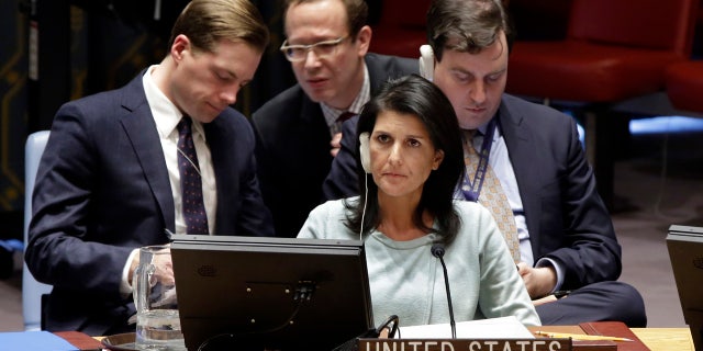 Feb. 2, 2017: The new U.S. Ambassador to the U.N., Nikki Haley, and members of the delegation listen during a Security Council meeting of the United Nations