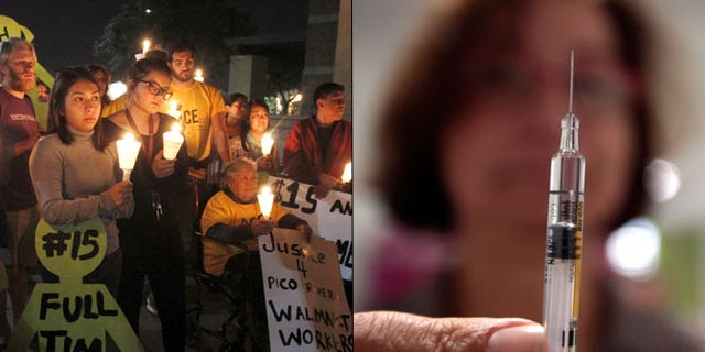 At left, protesters hold a vigil after a march for a minimum wage hike in Pico Rivera, Calif., on Nov. 19, 2015; at right, a nurse holds a syringe. (Reuters)