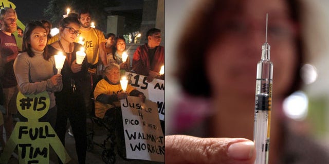 At left, protesters hold a vigil after a march for a minimum wage hike in Pico Rivera, Calif., on Nov. 19, 2015; at right, a nurse holds a syringe. (Reuters)