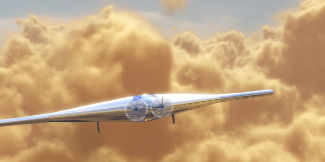 An artist's impression of the uncrewed Venus Atmospheric Maneuverable Platform (VAMP) flying through Venus' clouds.