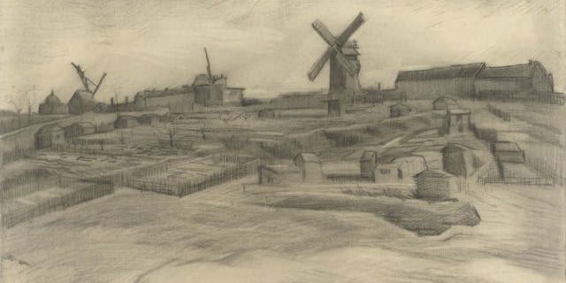 This image released by the Vincent Van Gogh Foundation on Tuesday Jan. 16, 2018 shows a drawing titled The Hill of Montmartre (1886). The drawing is housed at the Van Gogh Museum and shares an unmistakable connection to the newly-discovered van Gogh drawing in terms of subject, size, style, technique and materials. (Vincent Van Gogh Foundation via AP)