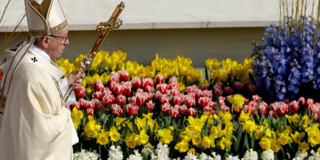 Pope Francis celebrates the Easter Mass, in St. Peter's Square, at the Vatican, Sunday, April 16, 2017. (AP Photo/Andrew Medichini)