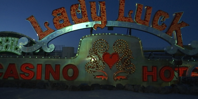 The Lady Luck casino and hotel's old sign waits to be revivified as digitial mapping projection through light will make it bright again