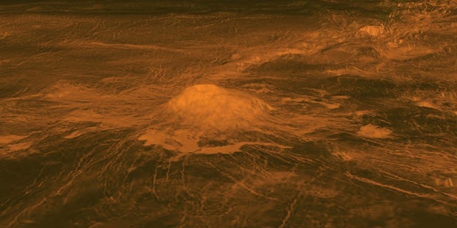 An elevation model of the volcano Idunn Mons, located at Imdr Regio on Venus.