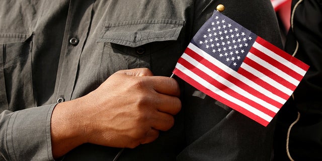 FILE -- A man holds a flag to his heart during a Veterans Day ceremony at Arlington National Cemetery in Virginia November 11, 2016.