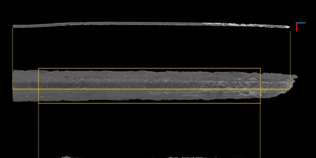 Researchers analyzed three Viking swords: The orange rectangle shows the area investigated. The center image is a 3D rendering created from scans of the sword, with corrosion shown in white.