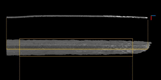 Researchers analyzed three Viking swords: The orange rectangle shows the area investigated. The center image is a 3D rendering created from scans of the sword, with corrosion shown in white.
