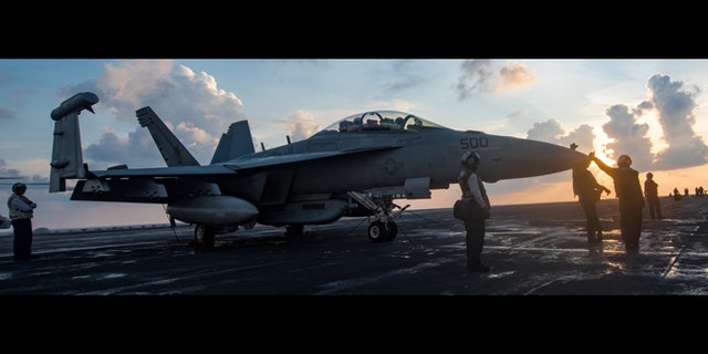 Sailors assigned to the Electronic Attack Squadron (VAQ) 136 'Gauntlets' prepare an EA-18G Growler for flight on the USS Carl Vinson (CVN 70).
