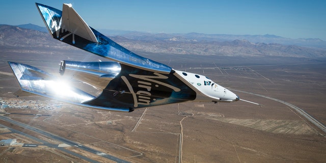 Virgin Galactic's spaceship Unity flies freely over the Mojave Air and Space Port in California during a May 1, 2017 test flight.