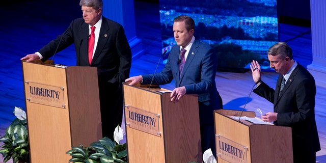 April 13, 2017: Republican gubernatorial candidate Ed Gillespie, right, Corey Stewart, center, and state Sen. Frank Wagner at a debate at Liberty University, Lynchburg, Va. (AP)