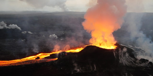 Fissure 8 and lava channel from Hawaii's Kilauea Volcano can be seen in this July 14, 2018 photo.