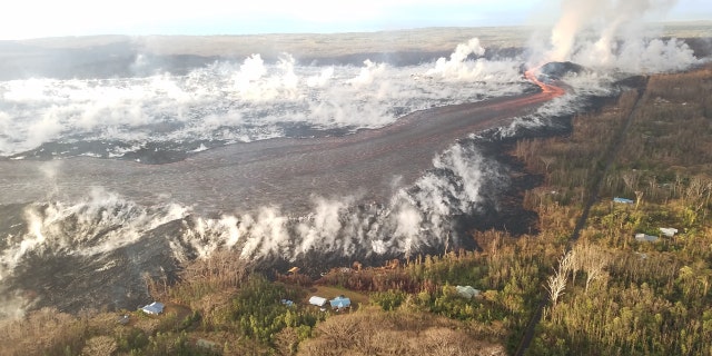 Fissure 8 and a full lava channel from a morning overflight on July 10, 2018.