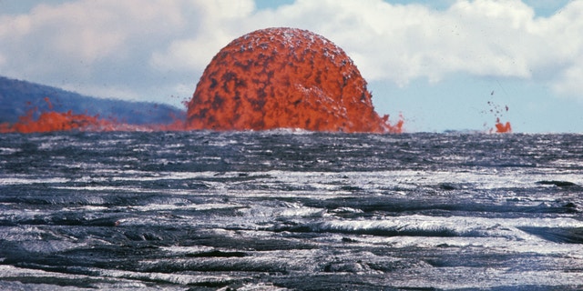 A "rare" lava-dome fountain spews lava in Hawaii on October 11, 1969.