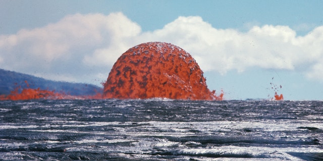 A "rare" lava-dome fountain spews lava in Hawaii on October 11, 1969.