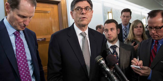Treasury Secretary Jacob Lew, joined by Sen. Ron Wyden, on Capitol Hill Tuesday, June 28, 2016.