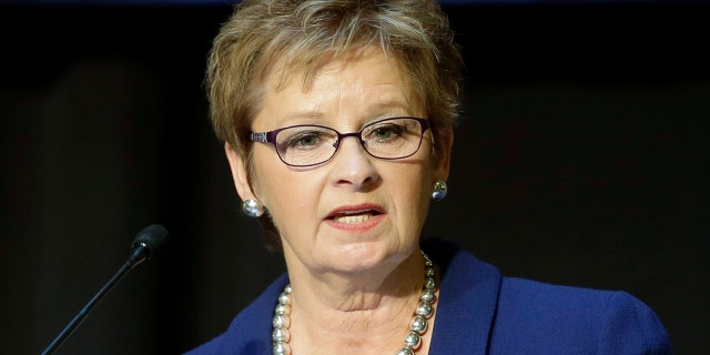 In this Jan. 7, 2015 file photo, Indiana Secretary of State Connie Lawson speak in Indianapolis.