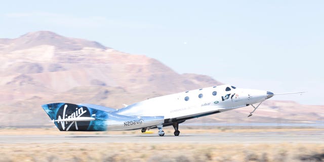 Virgin Galactic's VSS Unity suborbital space plane touches down after a successful powered test flight on May 29, 2018.
