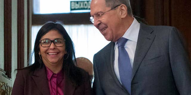 Russian Foreign Minister Sergey Lavrov and his counterpart from Venezuela Delcy Rodriguez in Moscow, Russia, Monday, Feb. 6, 2017.