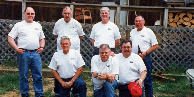 A photo of the Michigan Parachute Team reunion in 2000. Bottom row (L to R): Carl Laurin, Walt Reca, Willard; Top row (L to R): Hank Lussier, Bill Parker, Mike Lussier and Art Lussier.