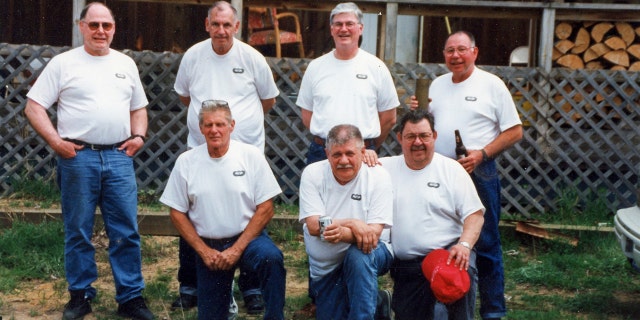 A photo of the Michigan Parachute Team reunion in 2000. Bottom row (L to R): Carl Laurin, Walt Reca, Willard; Top row (L to R): Hank Lussier, Bill Parker, Mike Lussier and Art Lussier.
