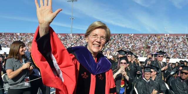 U.S. Sen. Elizabeth Warren is seen at the commencement ceremony at the University of Massachusetts, in Amherst, May 2017.