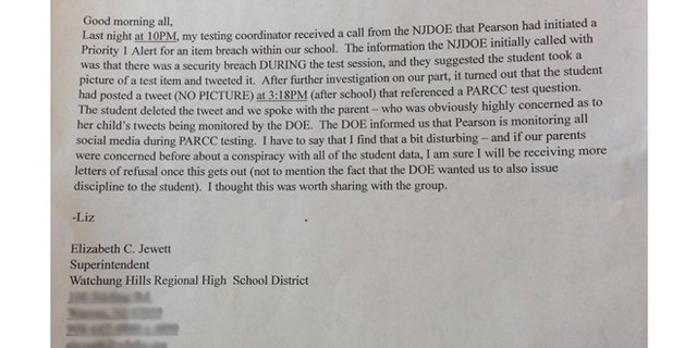 A copy of the leaked letter penned by a NJ school superintendent over Pearson's monitoring of students' social media.