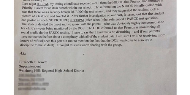 A copy of the leaked letter penned by a NJ school superintendent over Pearson's monitoring of students' social media.