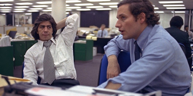 Reporters Bob Woodward, right, and Carl Bernstein, whose reporting of the Watergate case won a Pulitzer Prize, sitting in the newsroom of the Washington Post in 1973.