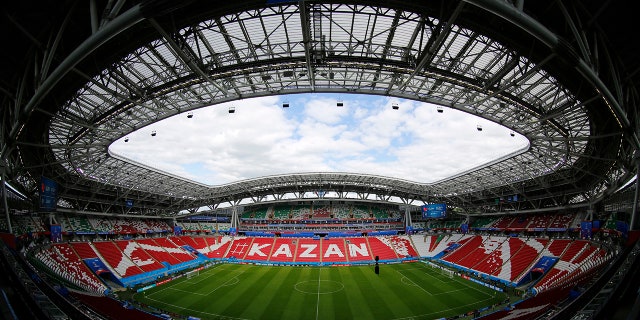 A general view shows the Kazan Arena before the Australia's official training for the group C match between France and Australia at the 2018 soccer World Cup in the Kazan Arena in Kazan, Russia, Friday, June 15, 2018. (AP Photo/Hassan Ammar)