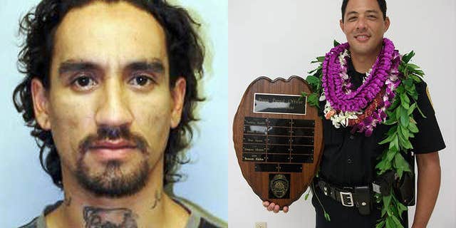 Hawaii's entire Big Island police force led a three-day search for Justin Waiki, left, who was suspected of killing of Hawaii County police Officer Bronson Kaliloa during a traffic stop on Tuesday.