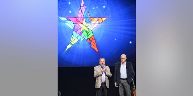 April 4, 2014. Composer Andrew Lloyd Webber, left, and lyricist Tim Rice announce the new "Jesus Christ Superstar" North American arena tour at a press conference and performance in New York.