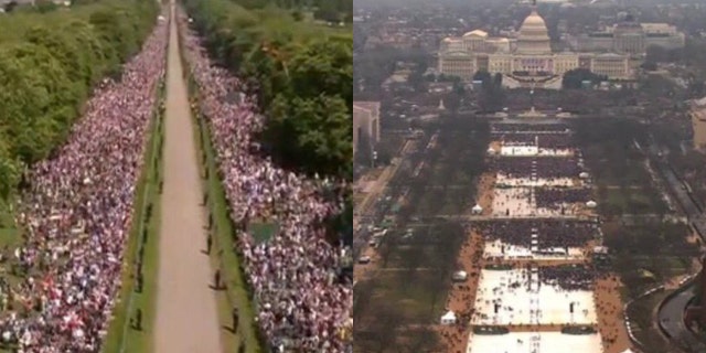 On the left, a photo of the crowd lining the road to Windsor Castle in Windsor, England, and on the right, the crowd at Donald Trump's 2017 Washington, D.C., inauguration.