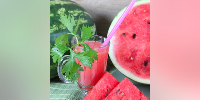 Healthy food. Watermelon fresh smoothie with celery
