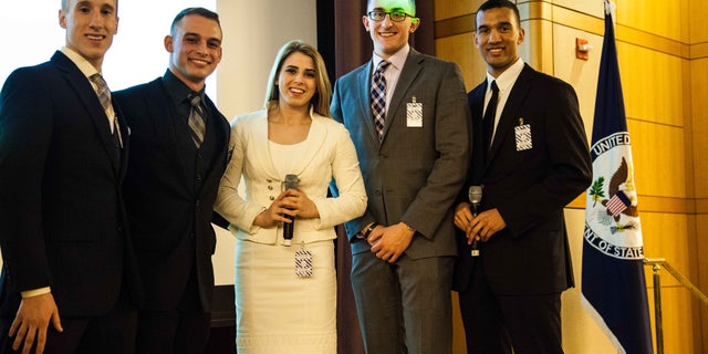West Point cadets, (l. to r.), Austin Montgomery, Brittany Scofield, C.J. Drew, Jordan Isham and David Weinmann present their project at the P2P: Challenging Extremism initiative.