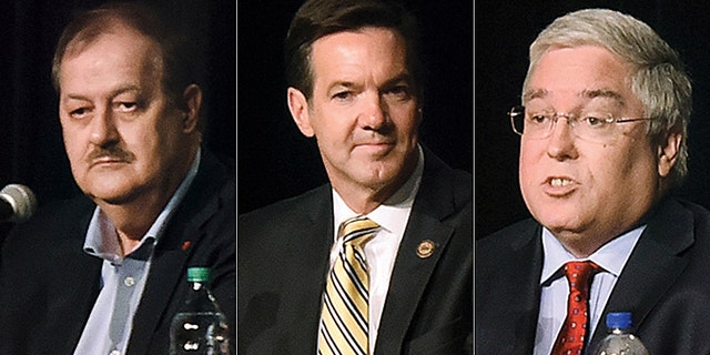President Trump has urged voters to vote for either Rep. Evan Jenkins (middle) or Attorney General Patrick Morrisey (right.) Don Blankenship (left) insists he still has a chance to win the Republican primary despite Trump endorsing his opponents.